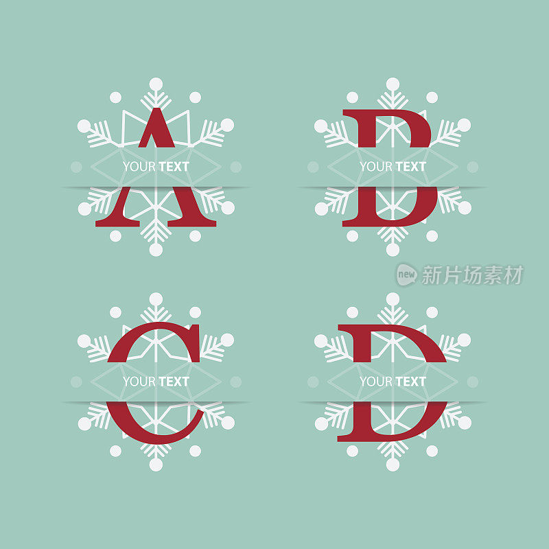 字母A, B, C, D作为圣诞装饰品。排版设计。